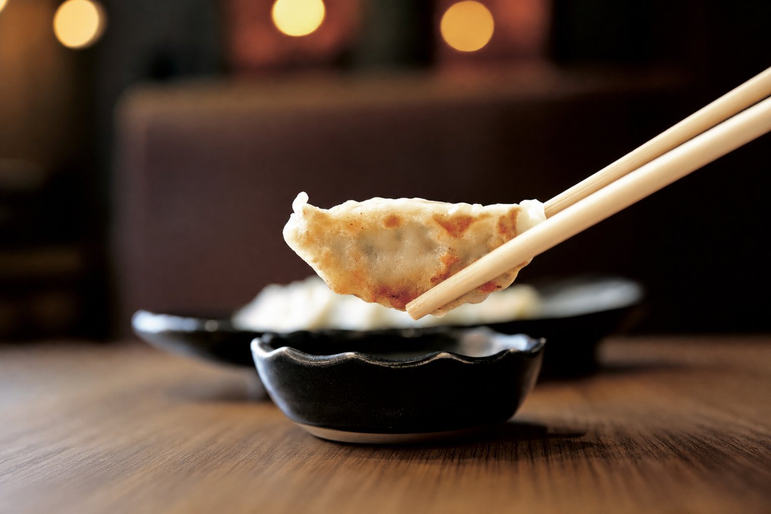 Chopsticks holding a pan-fried gyoza