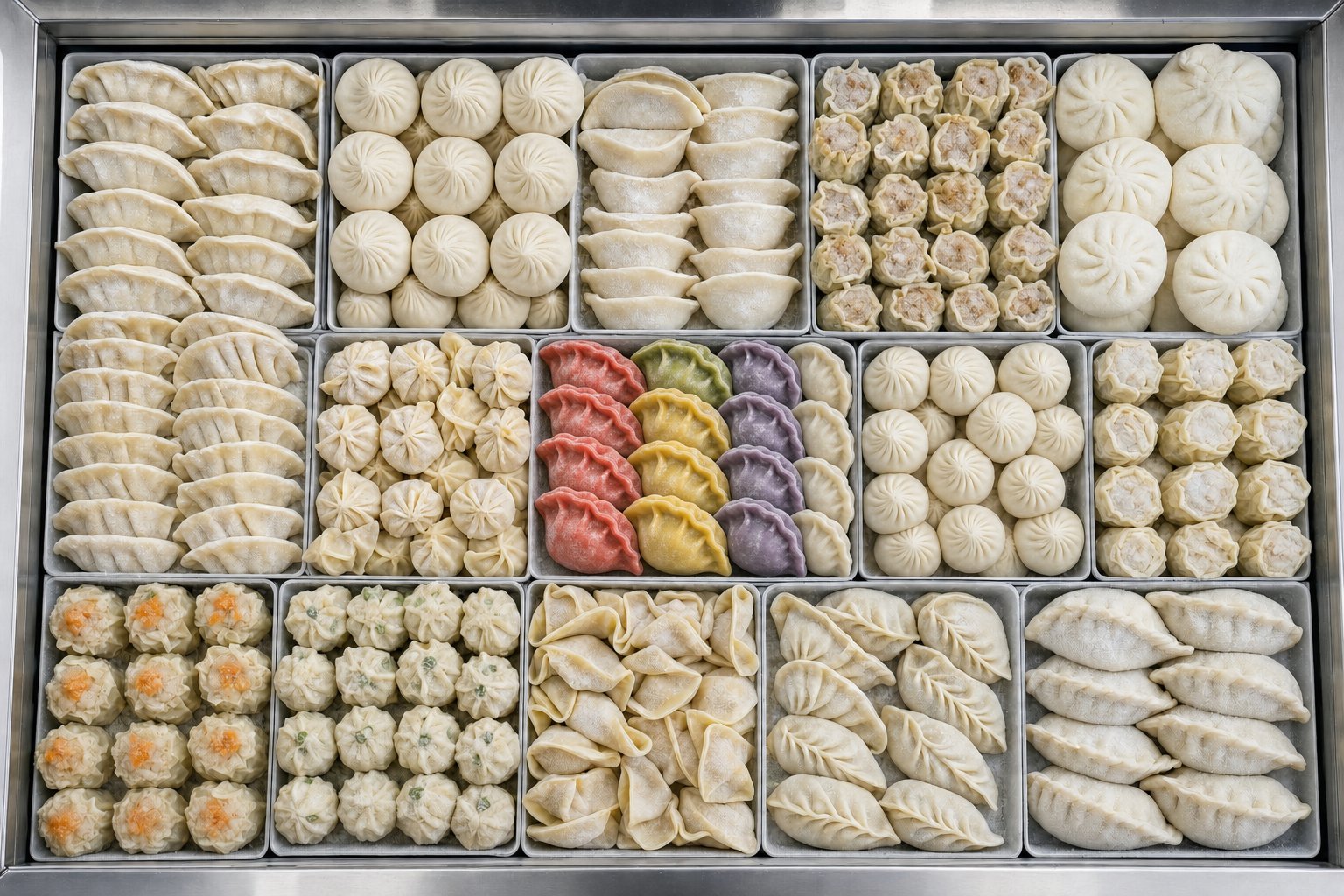 Freezer trays packed with many dumpling and dim sum varieties